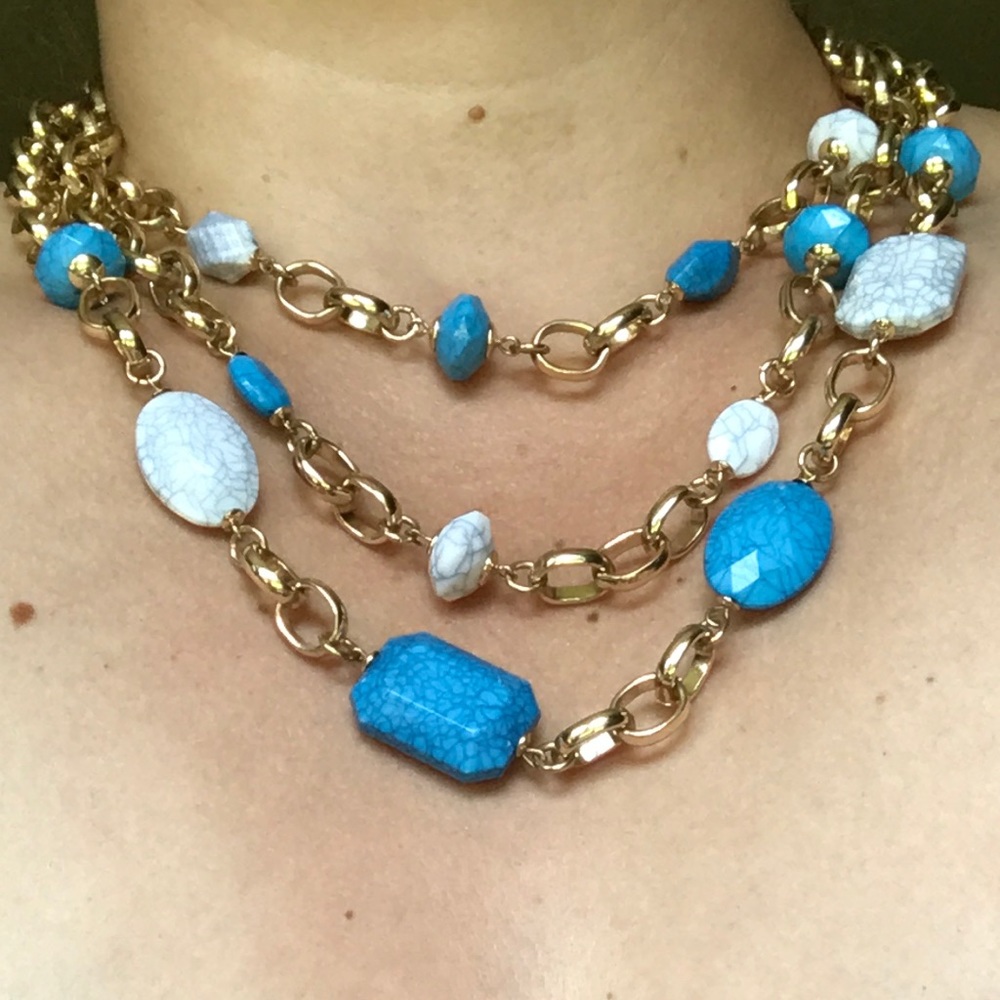 3 layer gold, white & turquoise necklace